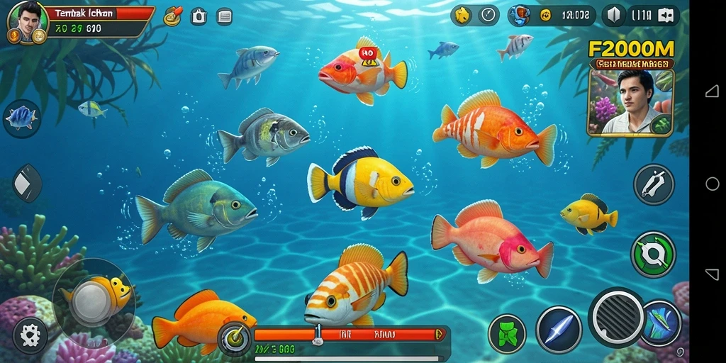 Screenshot gameplay F200M menampilkan momen seru menangkap ikan.