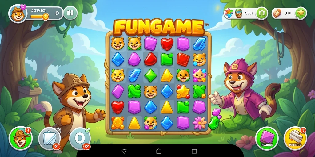 Tangkapan layar FUNGAME menampilkan gameplay Match-3 yang penuh warna dan dinamis.