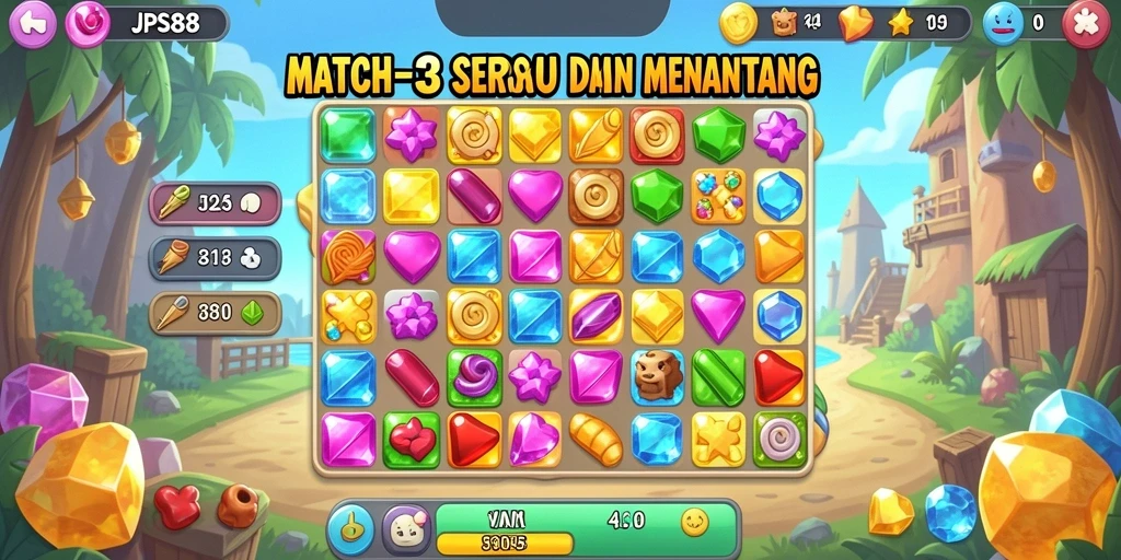 Tampilan gameplay JPS88 dengan permata berwarna-warni dan tantangan seru.