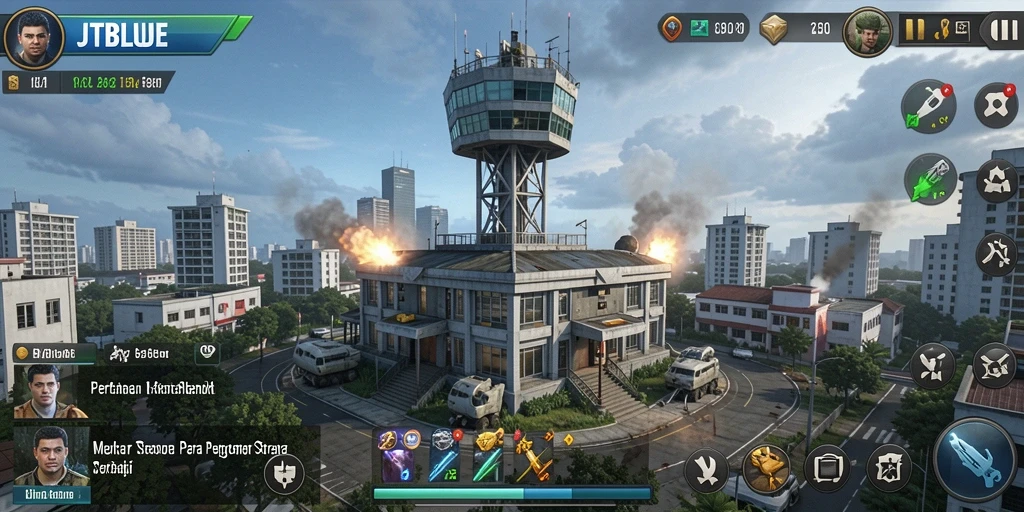 Gameplay JTBLUE menampilkan pertarungan seru melawan musuh dengan menara pertahanan.