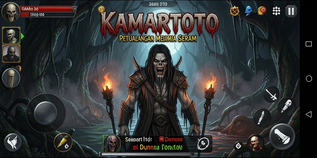Tangkapan layar KAMARTOTO menampilkan aksi menakutkan dalam suasana gelap.