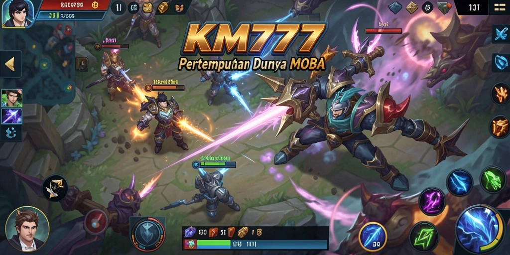 Screenshot gameplay MOBA KM777 yang penuh aksi dan strategi.