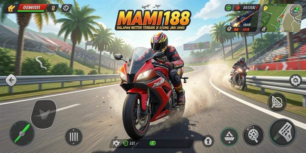 Screenshot gameplay MAMI188 yang menampilkan aksi balapan motor.
