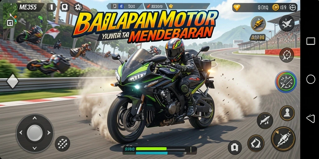Tampilan utamanya menunjukkan aksi balapan motor yang seru dan mendebarkan.